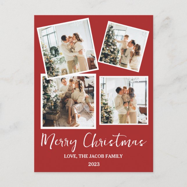 Simple modern Christmas Tree Family 4 Photo Holiday Postcard (Front)