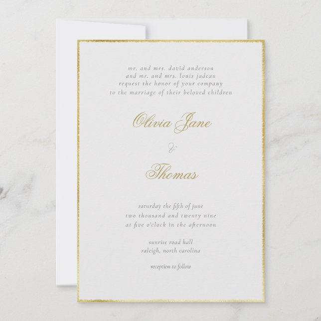 Simple Modern Classy Gold Frame Ivory Wedding Invitation (Front)