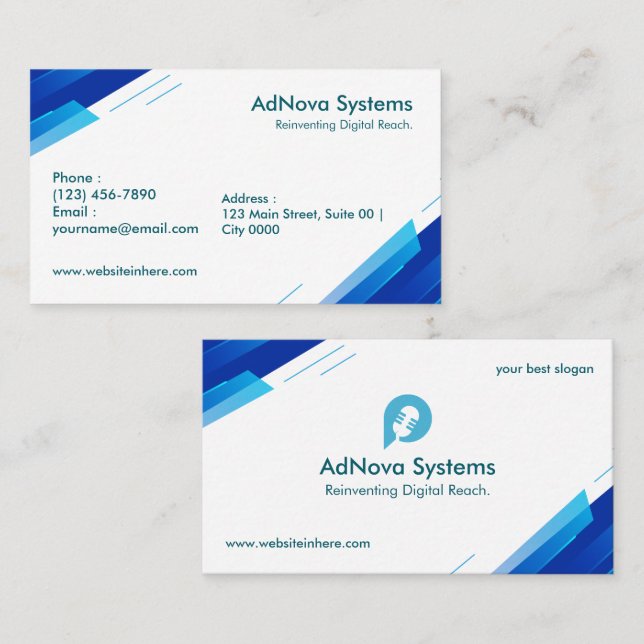 Simple Modern Clean White Bold Geometric Blue  Business Card (Front/Back)
