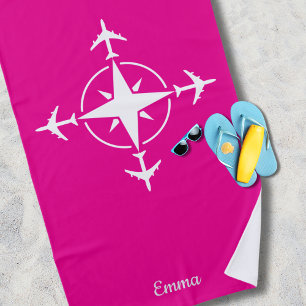 Simple Modern Compass and Aeroplane, Travel Custom Beach Towel