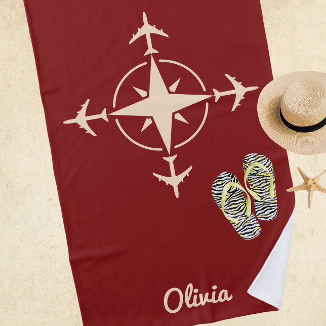 Simple Modern Compass and Airplane Travel Custom Beach Towel (Creator Uploaded)