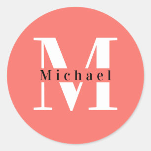 Simple Modern Coral Monogrammed Name + Initial Classic Round Sticker