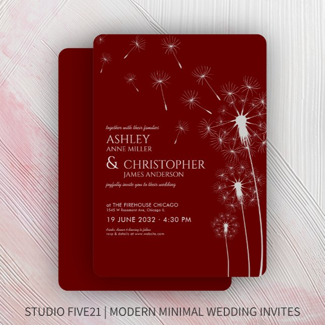 Simple Modern Crimson Red Dandelion Wedding Invitation (Creator Uploaded)
