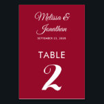 Simple modern crimson red elegant wedding table number<br><div class="desc">Simple and elegant minimalist wedding table number card featuring a stylish white script over a crimson red background. Easily customisable with the bride and groom's names, the wedding date, and the table number. For further personalisation or custom orders, feel free to contact me at acherryonthecake@hotmail.com (please allow 1-2 working days)....</div>