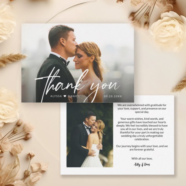 Simple Modern Custom 2 Wedding Photos Thank You Card (Siimple wedding photos horizontal thank you cards.)