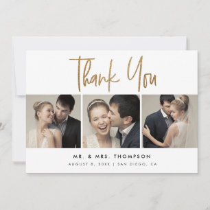 Simple Modern Custom 3 Wedding Photos Thank You Card