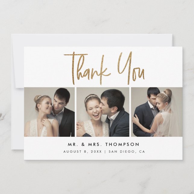 Simple Modern Custom 3 Wedding Photos  Thank You Card (Front)