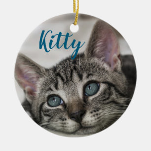 Simple Modern Custom Cat Name and Photo  Ceramic Tree Decoration