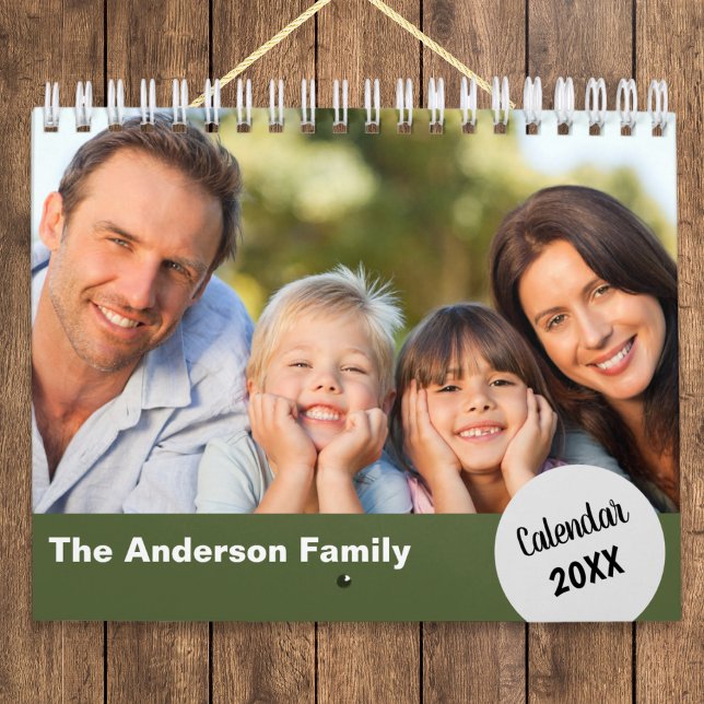 Simple Modern Custom Family Photos Wall Calendar (An attractive custom wall calendar, to personalize with favorite family photos, name and year)