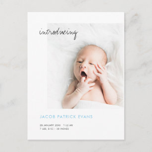 Simple Modern Custom Photo Blue New Baby Boy Birth Announcement Postcard