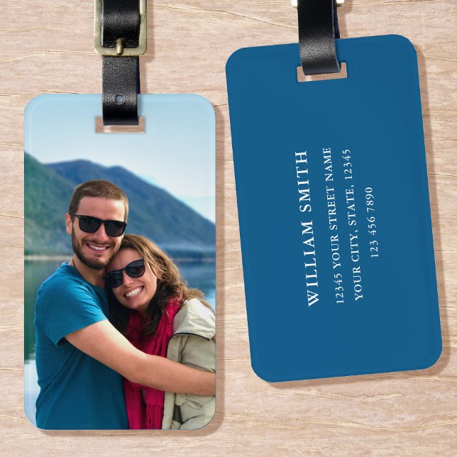Simple Modern Custom Photo Luggage Tag Blue (Creator Uploaded)