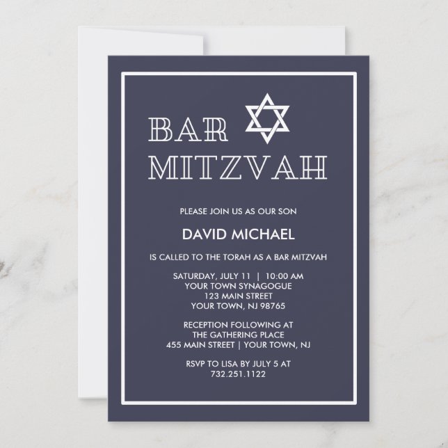 Simple Modern Dark Blue and White Bar Mitzvah Invitation (Front)