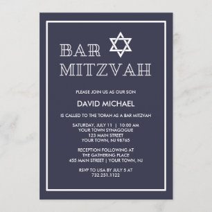 Simple Modern Dark Blue and White Bar Mitzvah Invitation