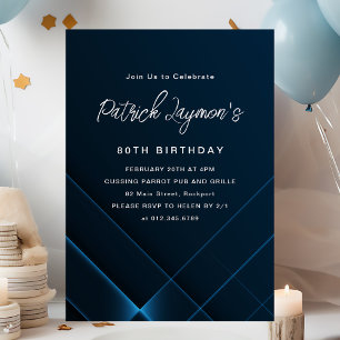 Simple Modern Dark Blue Geometric 80th Birthday Invitation