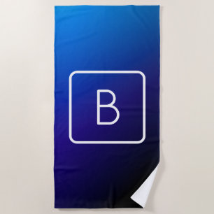 Simple Modern Dark Blue Ombre Gradient & Monogram Beach Towel