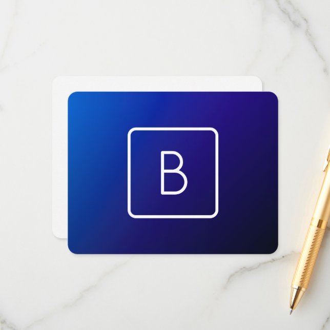Simple Modern Dark Blue Ombre Gradient & Monogram Enclosure Card (Front/Back In Situ)
