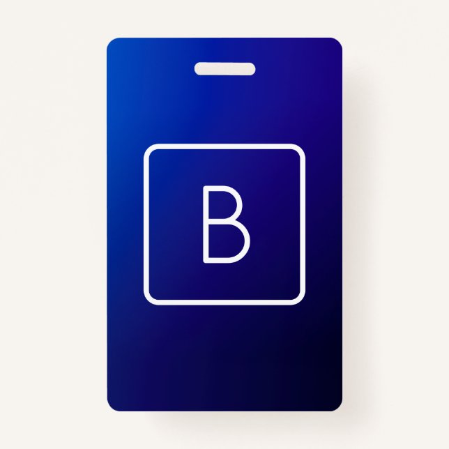 Simple Modern Dark Blue Ombre Gradient & Monogram ID Badge (Front)