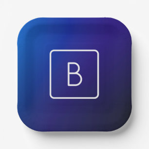 Simple Modern Dark Blue Ombre Gradient & Monogram Paper Plate