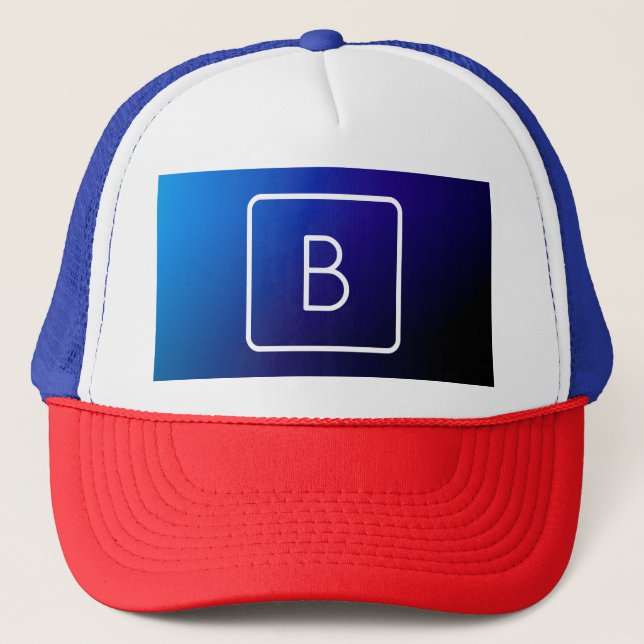 Simple Modern Dark Blue Ombre Gradient & Monogram Trucker Hat (Front)