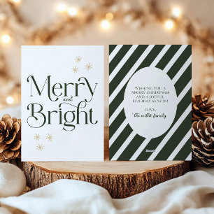 Simple Modern Dark Green Stripes Merry and Bright Holiday Card