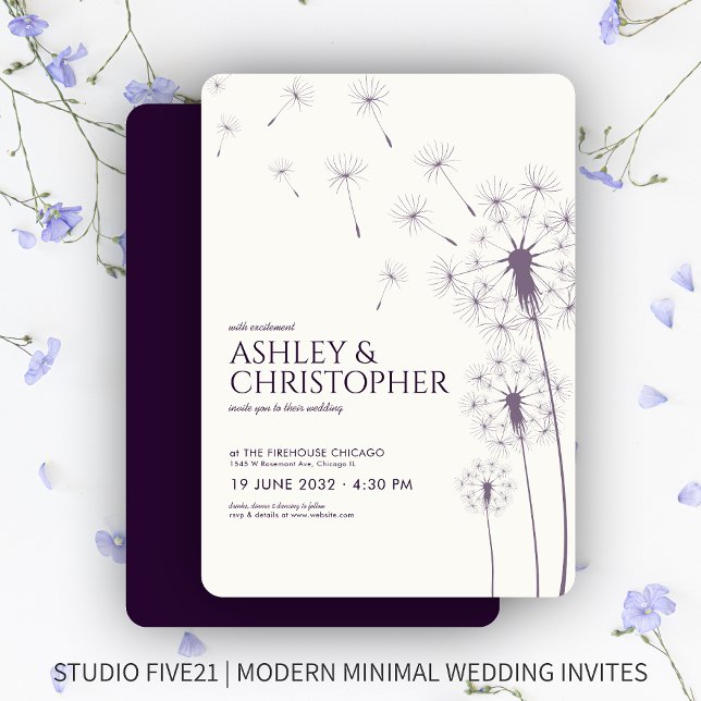 Simple Modern Dark Purple Dandelion Wedding Invitation (Creator Uploaded)