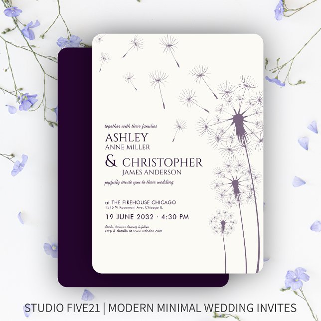 Simple Modern Dark Purple Dandelion Wedding Invitation (Creator Uploaded)