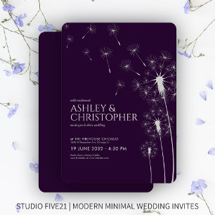 Simple Modern Dark Purple Dandelion Wedding Invitation