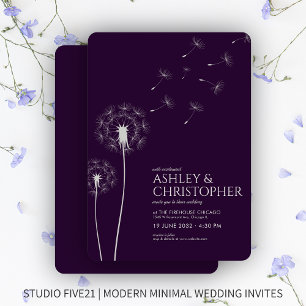 Simple Modern Dark Purple Dandelion Wedding Invitation