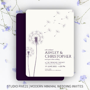 Simple Modern Dark Purple Dandelion Wedding Invitation