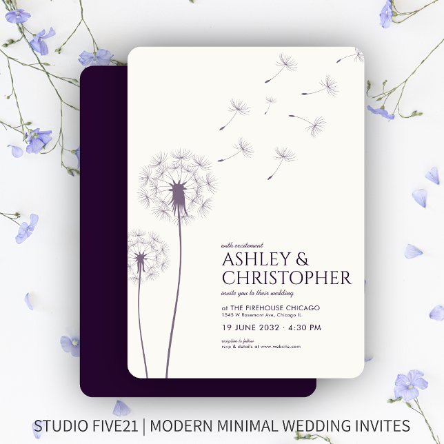 Simple Modern Dark Purple Dandelion Wedding Invitation (Creator Uploaded)