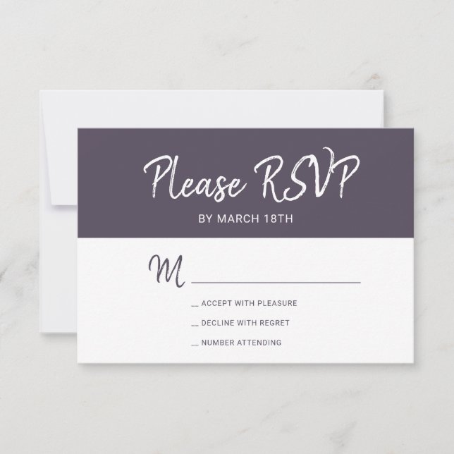 Simple modern dark purple typography wedding RSVP card (Front)
