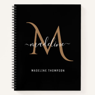 Simple Modern Decorative Black Gold Monogram Notebook