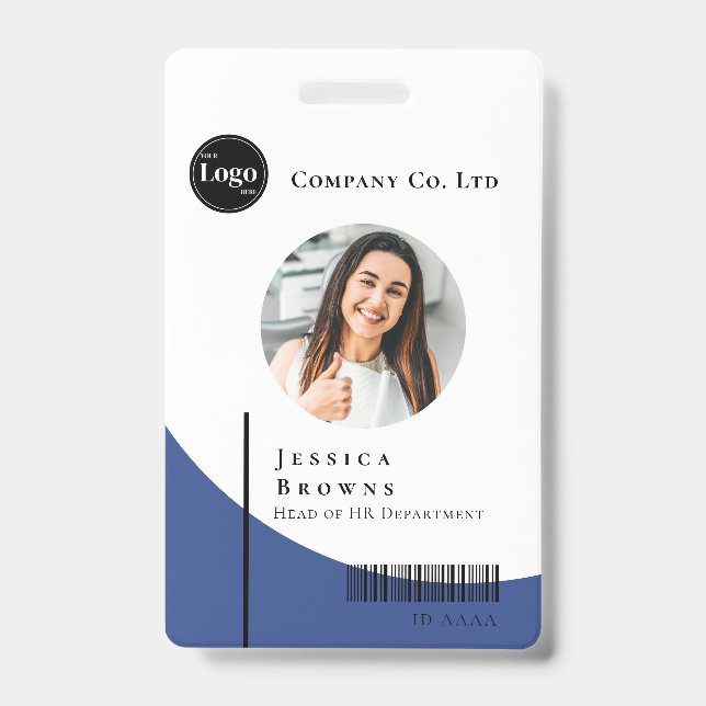Simple Modern Deep Blue Business Employee Barcode ID Badge (Front)