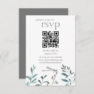 Simple Modern Dragonfly Greenery Wedding QR Code RSVP Card