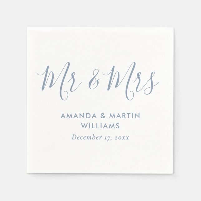 Simple Modern Dusty Blue Script Mr and Mrs Wedding Napkin (Front)
