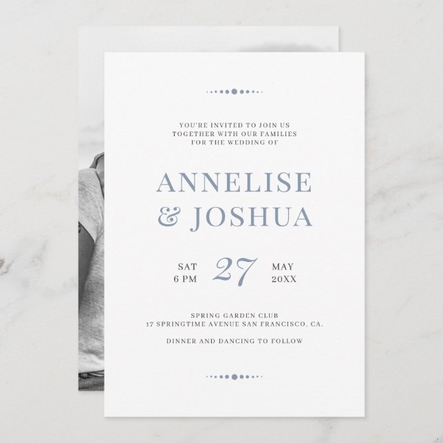 Simple modern dusty blue script photo wedding invitation (Front/Back)