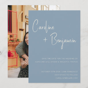 Simple Modern Dusty Blue Script Photo Wedding Save The Date