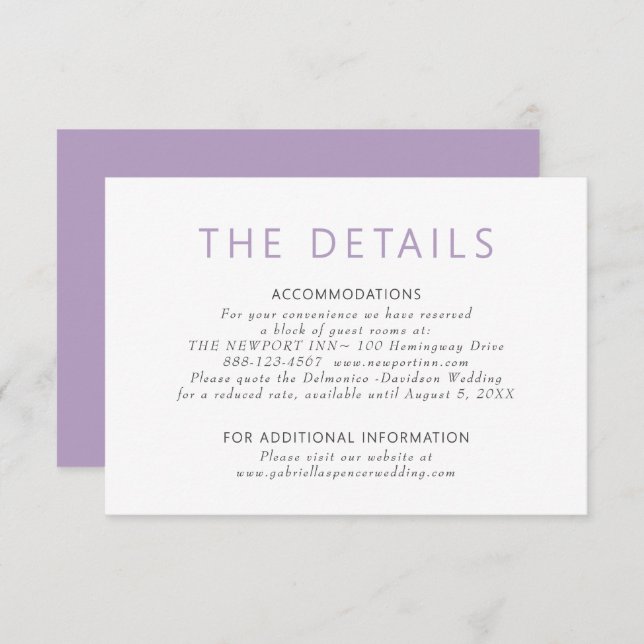 Simple Modern Dusty Purple Wedding Details  Enclosure Card (Front/Back)