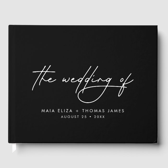 Simple Modern Elegant Black and White Wedding Guest Book (Front)
