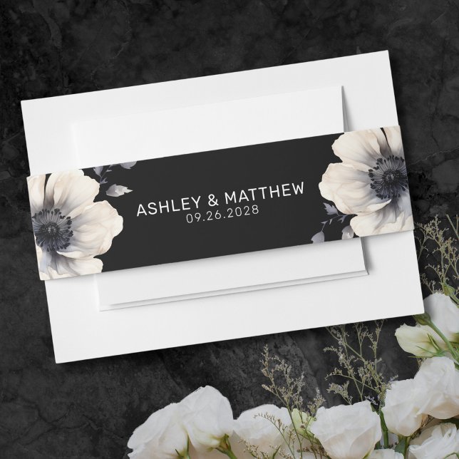 Simple Modern Elegant Black Floral Wedding Invitation Belly Band (Simple Modern Elegant Black Floral Wedding Invitation Belly Band)