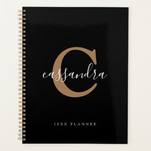 Simple Modern Elegant Black Gold Monogrammed Planner