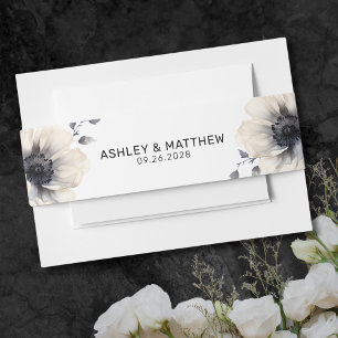 Simple Modern Elegant Black White Floral Wedding Invitation Belly Band