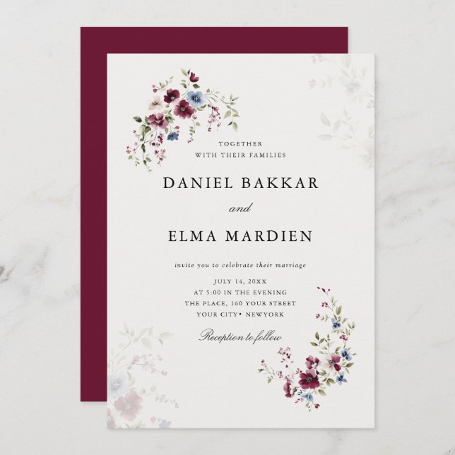 Simple Modern Elegant Burgundy Boho Floral Wedding Invitation (Front/Back)