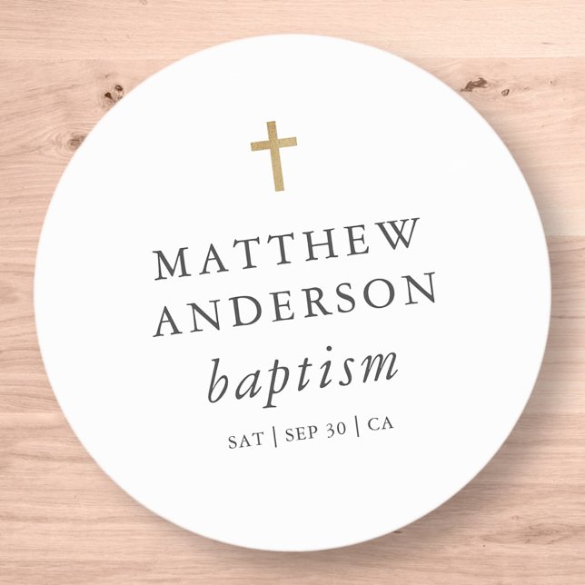 Simple Modern Elegant Cross Baby Baptism Classic Round Sticker (Creator Uploaded)