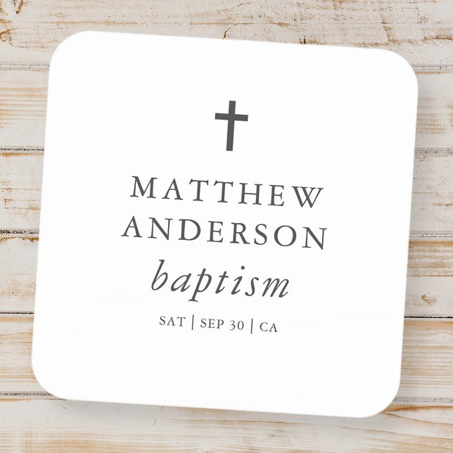Simple Modern Elegant Cross Baby Baptism Square Sticker (Creator Uploaded)
