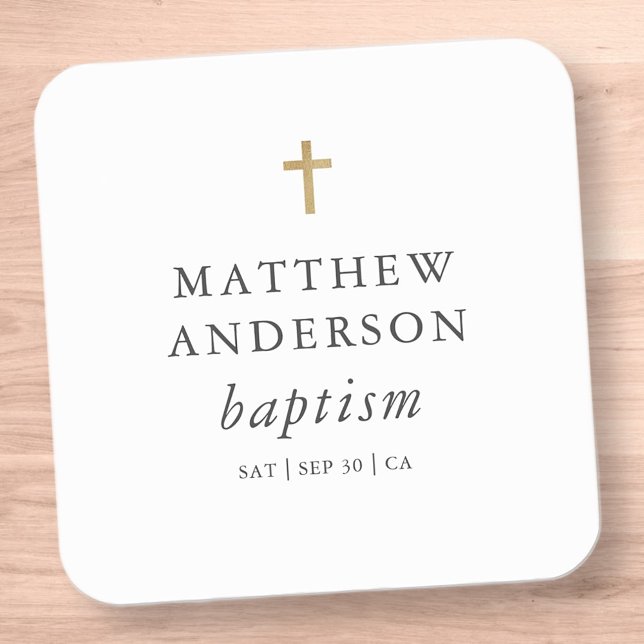 Simple Modern Elegant Cross Baby Baptism Square Sticker (Creator Uploaded)