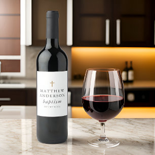 Simple Modern Elegant Cross Baby Baptism Wine Label
