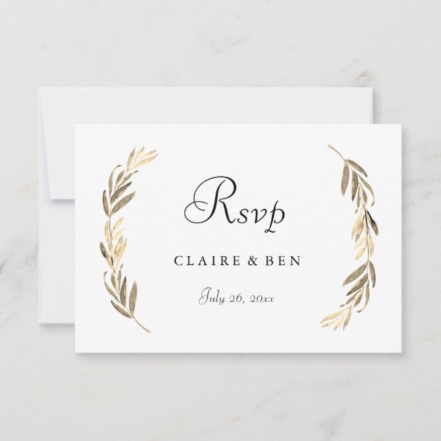 Simple Modern Elegant Gold Leaf Wedding RSVP Card (Front)
