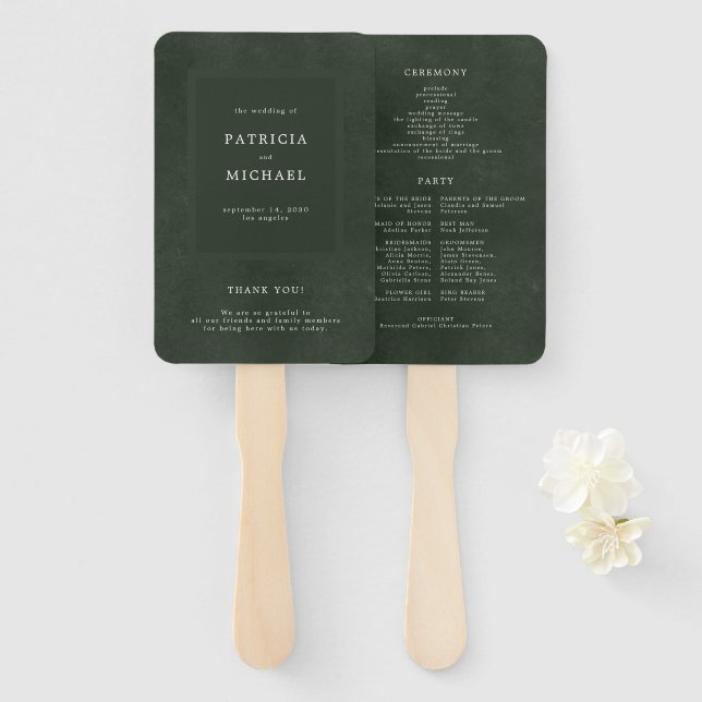 Simple modern elegant green wedding program hand fan (Front and Back)
