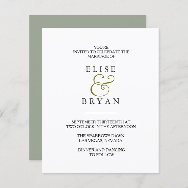 Simple Modern Elegant Low Priced Wedding Invite (Front/Back)